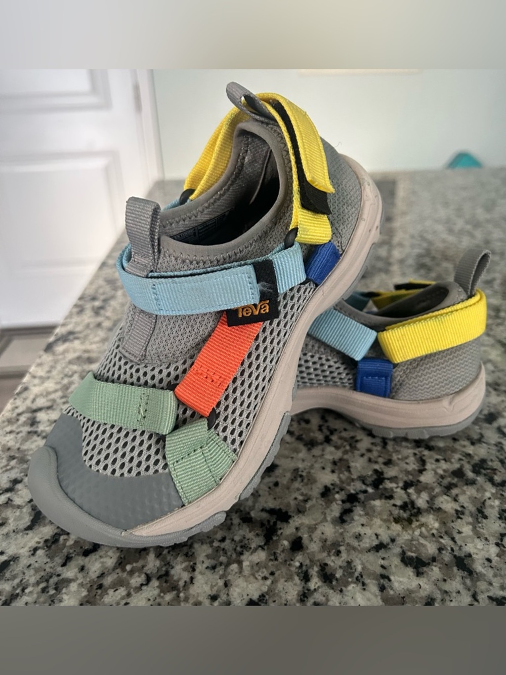 Teva Kids Grey Mesh Shoes with Mint, Coral, Sky Blue & Yellow Straps. Size 13